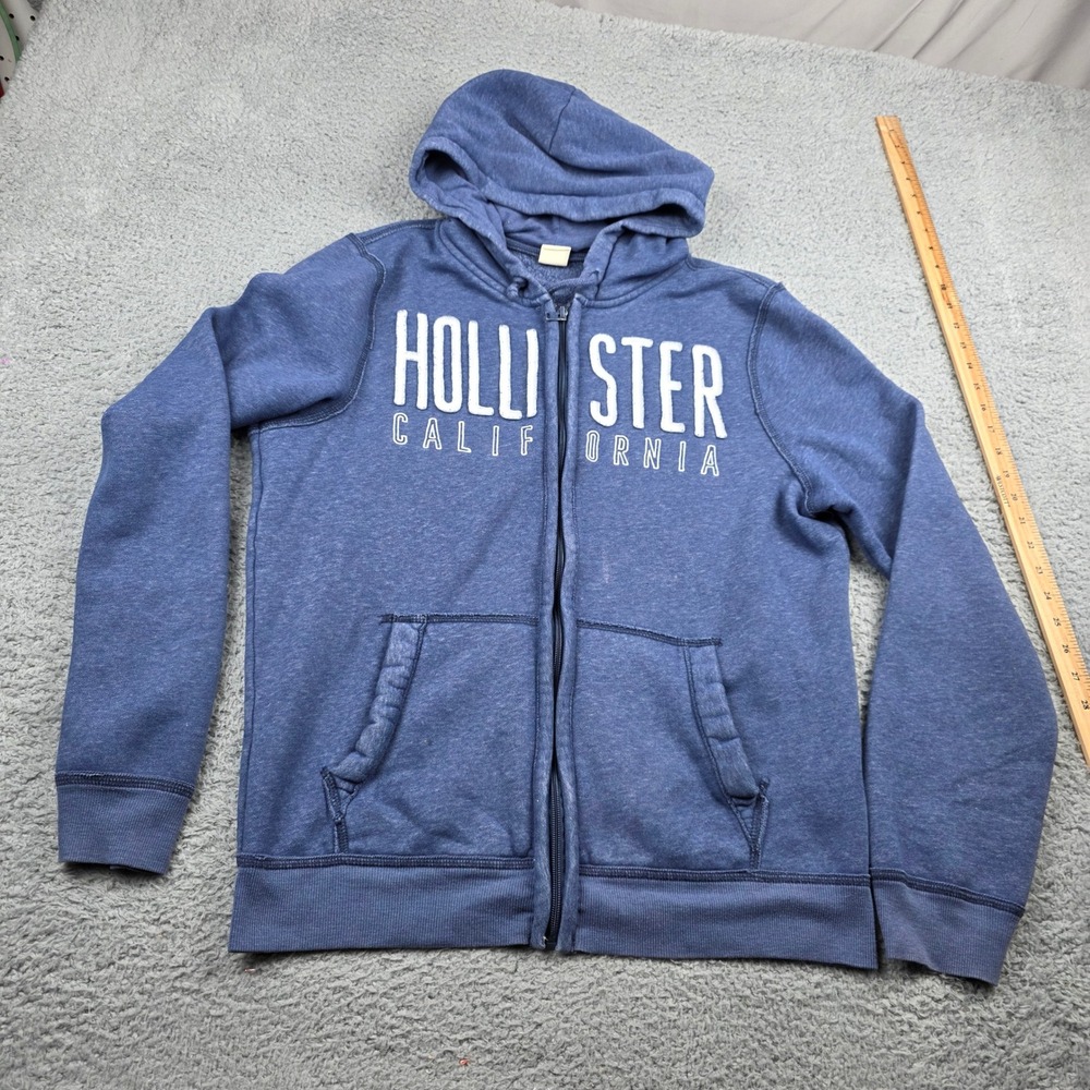 Hollister California Mens Large Blue Full Zip Hoodie Embroidered Logo Fleece - Picture 2 of 7